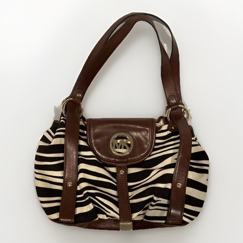 Michael Kors Shoulder Bag Brown Leather Canvas Zebra Stripe Tote MK Logo READ